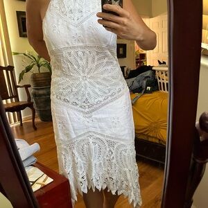 Sue Wong White Lace Halter Midi Dress
